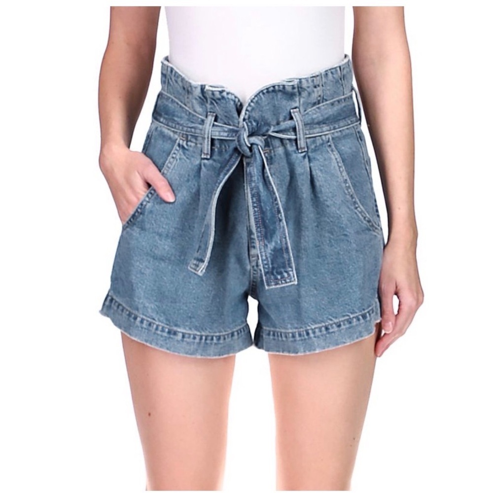 DL1961 Camille Paper bag denim high waisted shorts in skylight blue size 24